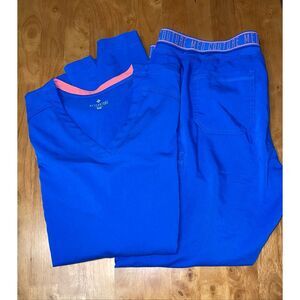 Med Couture Signature Scrubs Set XL Top Pants L Stretch Blue Pink Medical